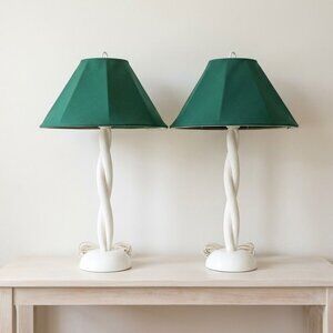 Vtg Olympia Table Lamps Dual Light Push Button White w/ Green Shades Condo Beach